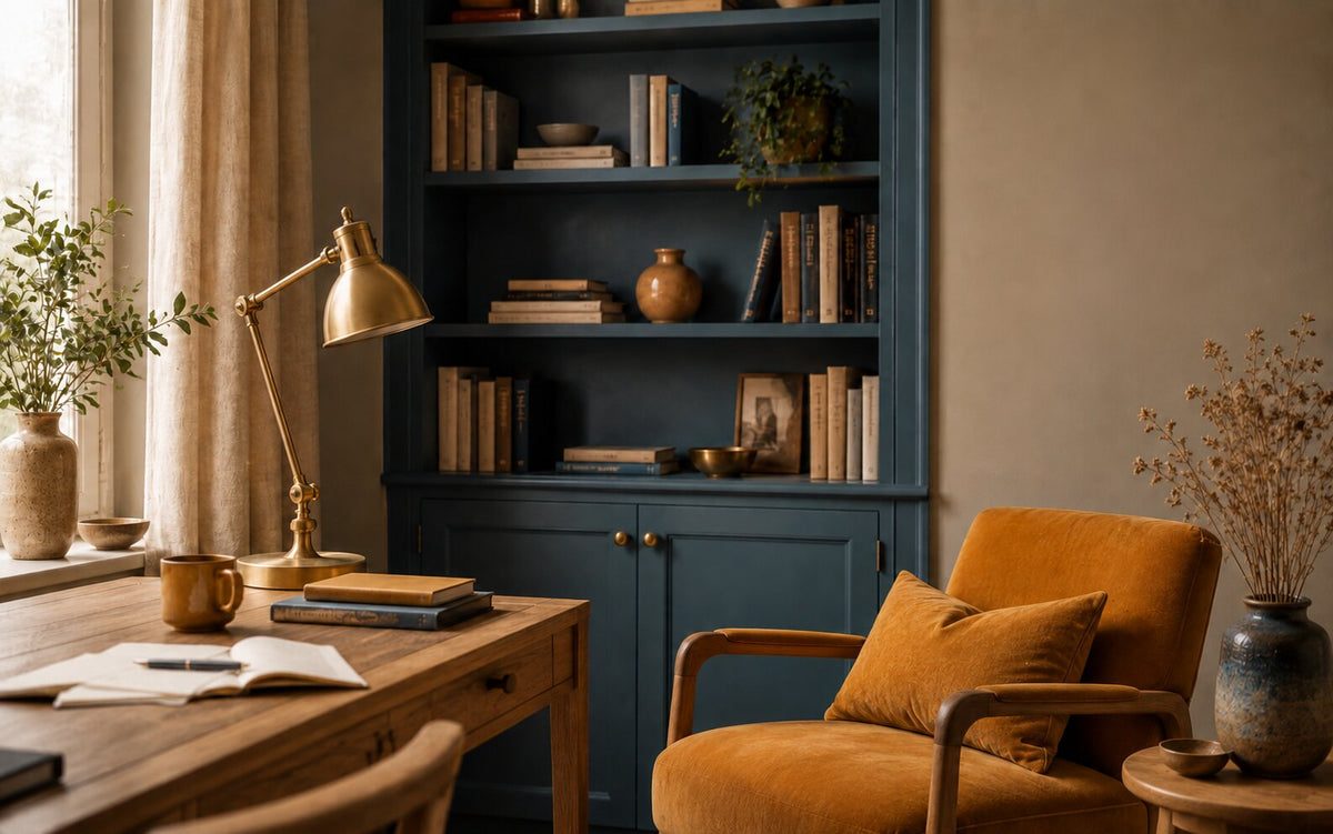 Werkkamer met een diepblauwe ingebouwde boekenkast, een okerkleurige leren fauteuil met kussen, een messing bureaulamp, een eiken bureau en warme greige muren