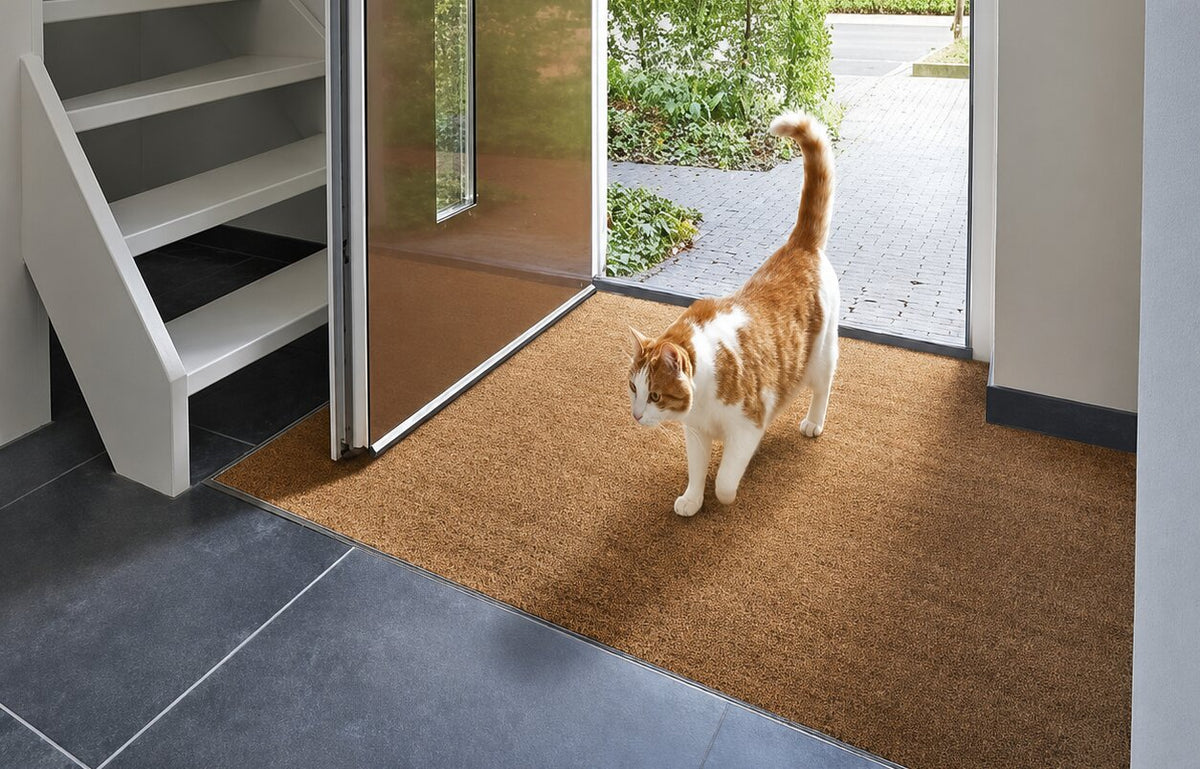 Kat op een kokosmat bij de voordeur (sfeerimpressie)