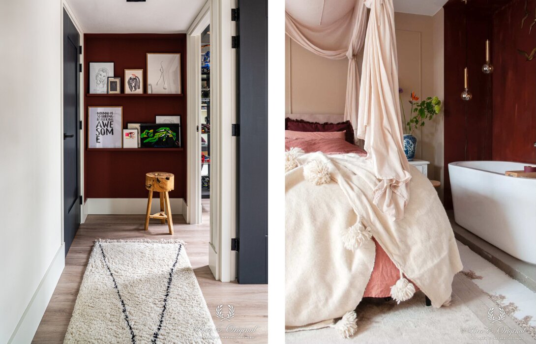 Dezelfde Pure & Original Cardinal Red als accentmuur: links hard tussen wit en donkergrijze deuren, rechts verzacht door een lichtbeige muur en roze textiel eromheen.
