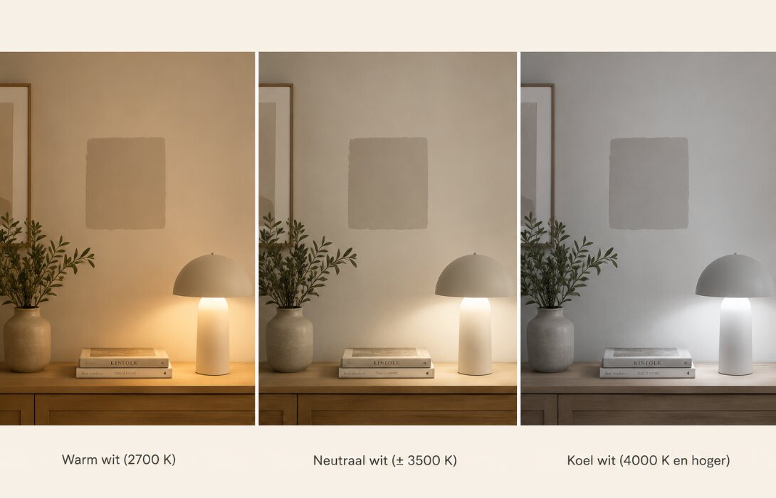 Dezelfde wand en lamp onder drie kleurtemperaturen lamplicht: warm wit (2700 K), neutraal wit (ongeveer 3500 K) en koel wit (4000 K en hoger), van geel-warm naar blauw-koel.