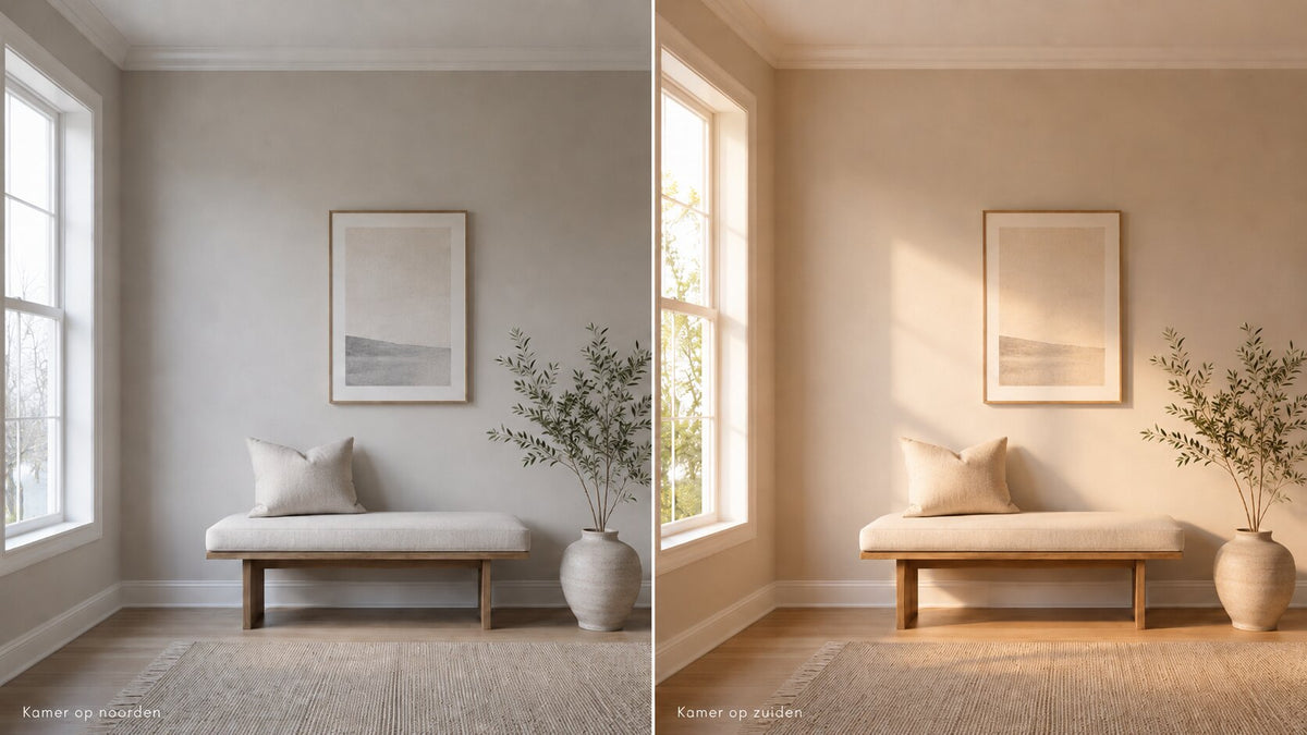 Dezelfde kamer met dezelfde wandkleur, links onder koel noorderlicht en rechts onder warm zuiderlicht, waardoor de kleur grijzer respectievelijk warmer oogt.