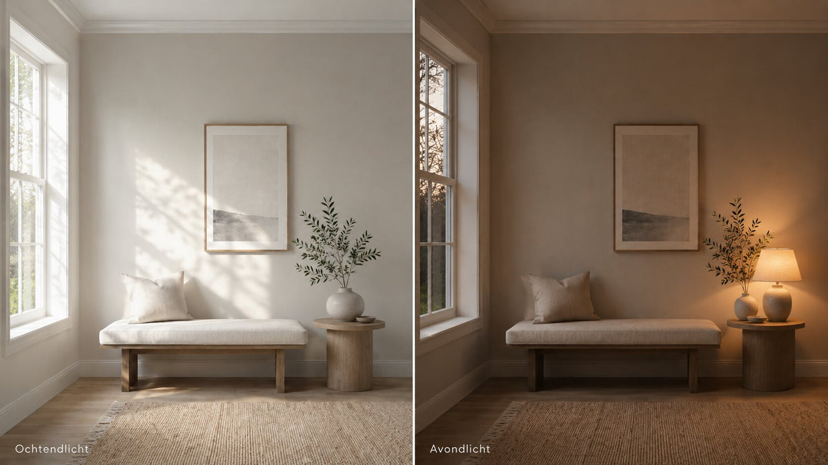 Dezelfde kamer met dezelfde wandkleur, links in fris ochtendlicht en rechts in warm avondlicht met lamp, waardoor de kleur koeler respectievelijk warmer oogt.