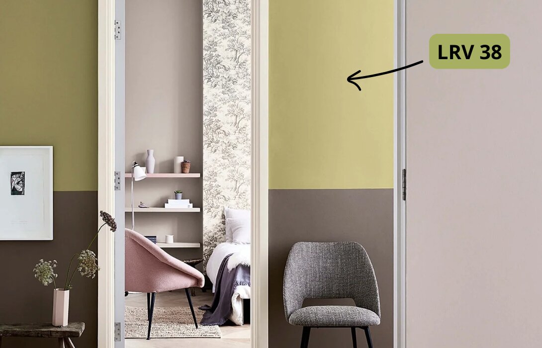 Little Greene Boxington op een muur, met de aanduiding LRV 38