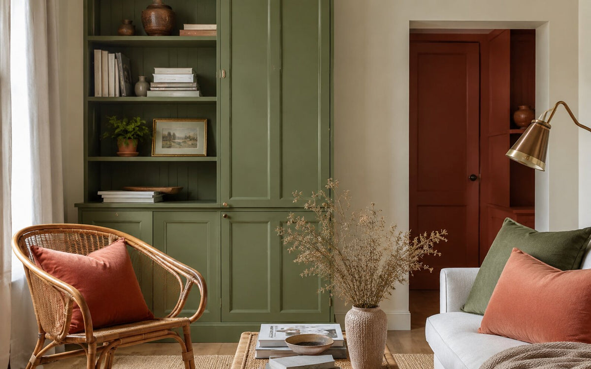 Leeshoek met een groene kastwand als hoofdkleur, rieten fauteuil met terracotta kussen, een terracotta binnendeur op de achtergrond en warm gebroken witte muren