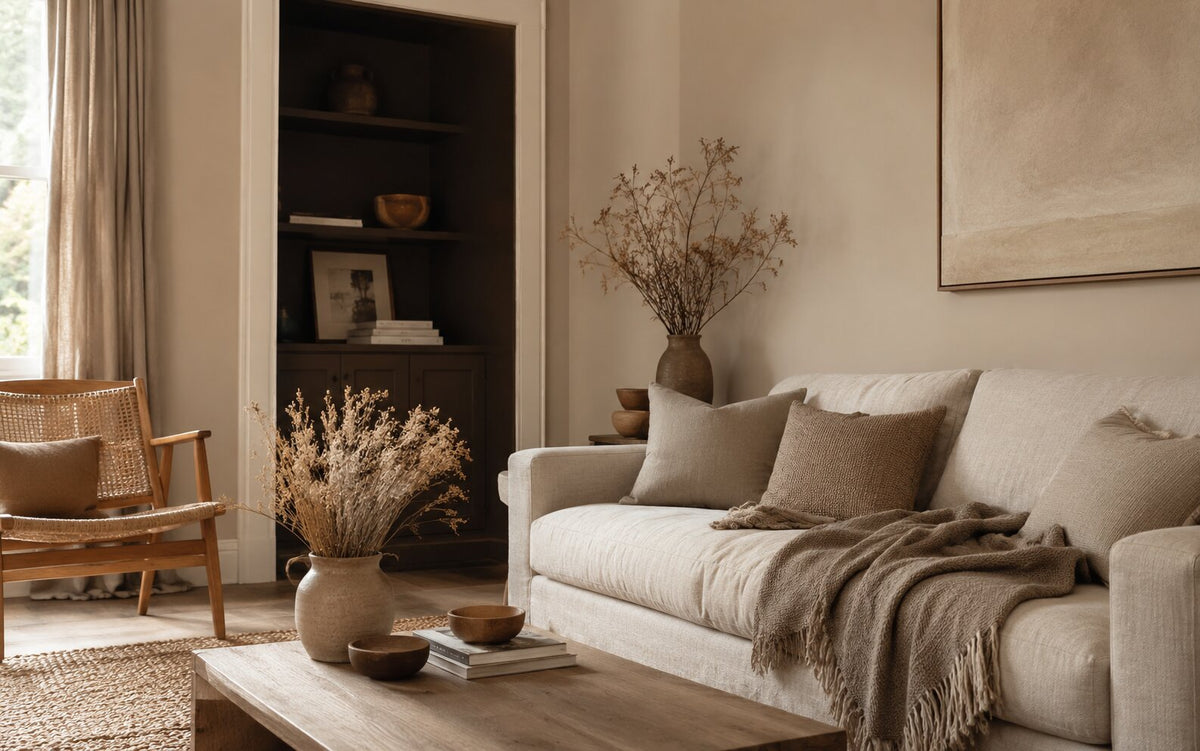 Rustige woonkamer in tint-op-tint warme neutralen: gebroken witte muren, linnen bank met greige en taupe kussens en plaid, eiken salontafel en jute vloerkleed, met een diep chocoladebruine kast-nis als anker