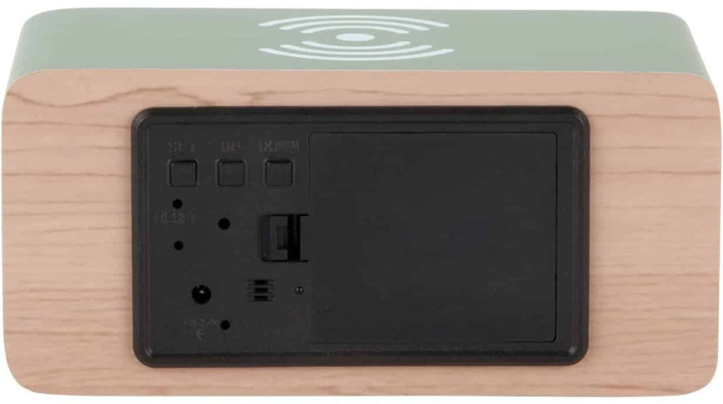Karlsson wekker Block LED met draadloze oplader, jungle groen, achterkant met knoppen en batterijvak