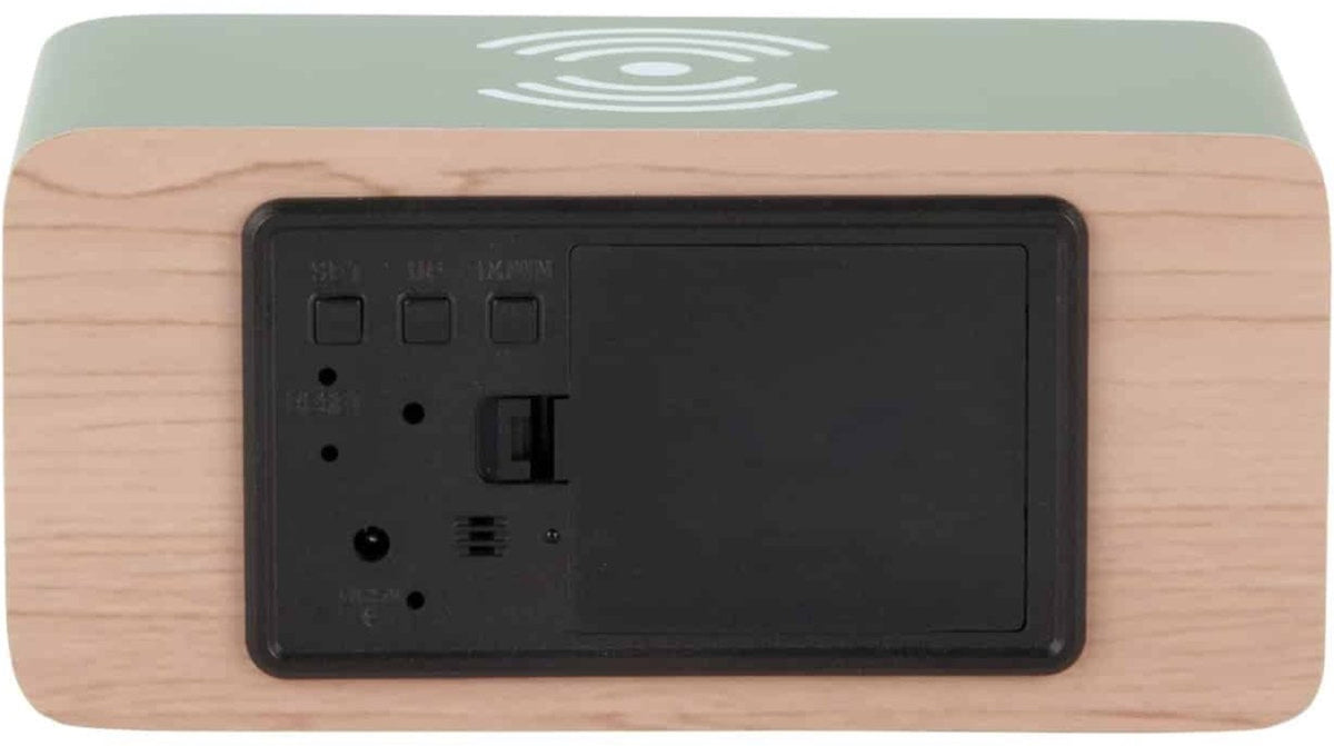 Karlsson wekker Block LED met draadloze oplader, jungle groen, achterkant met knoppen en batterijvak