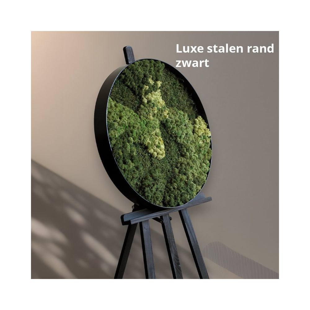 Mosschilderij Vaya met luxe stalen rand in mat zwart op een ezel