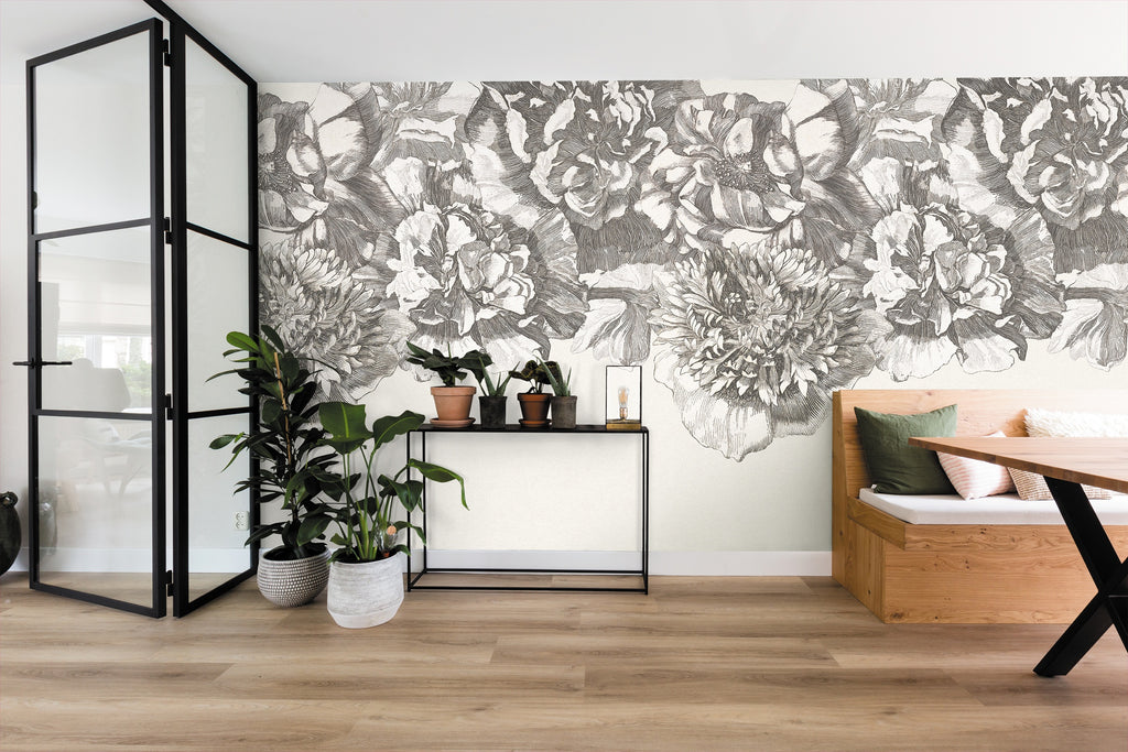 Eijffinger behang Museum 307404 flower fall black and white in interieur