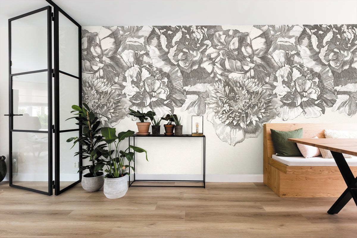 Eijffinger behang Museum 307404 flower fall black and white in interieur