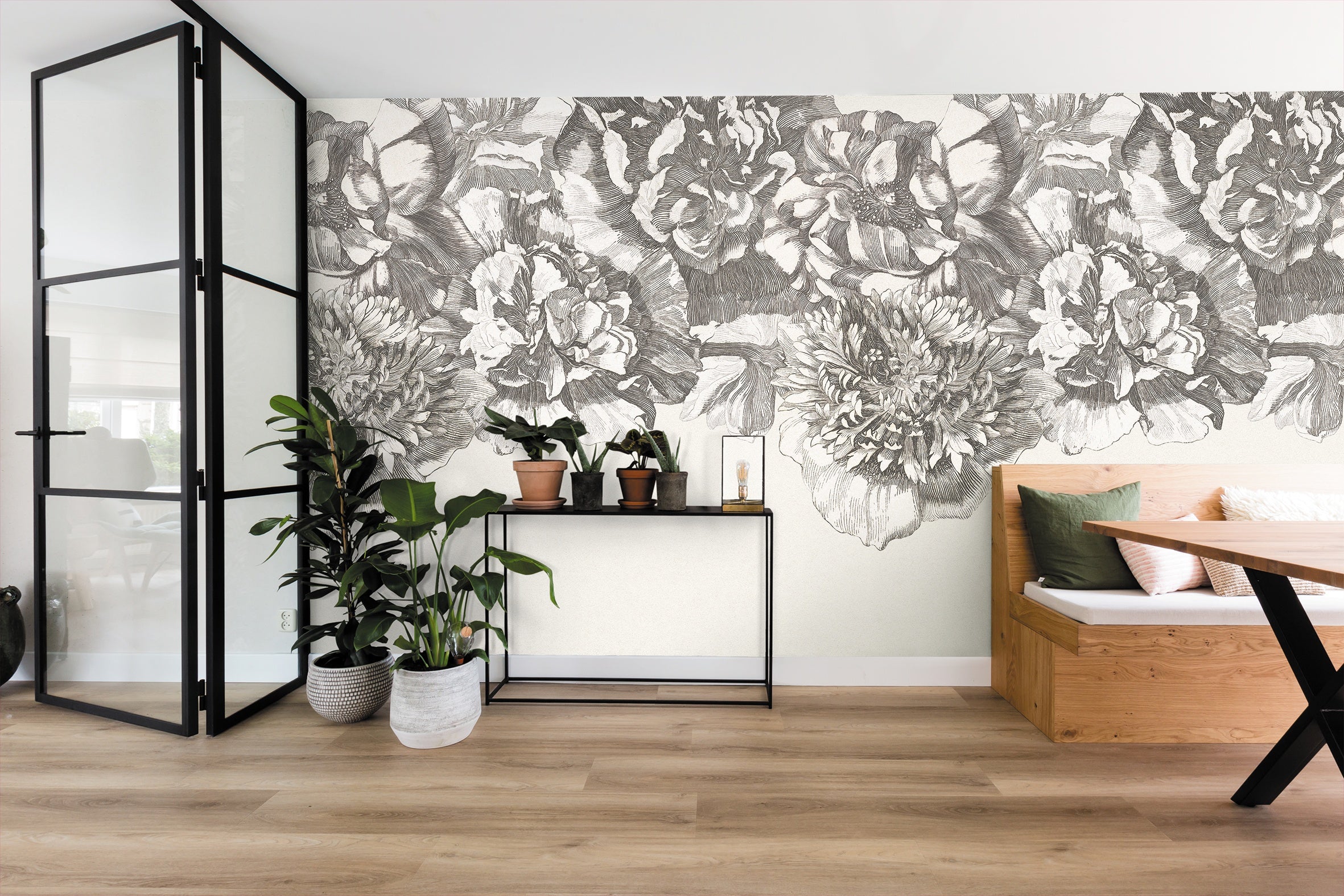 Eijffinger behang Museum 307404 flower fall black and white in interieur