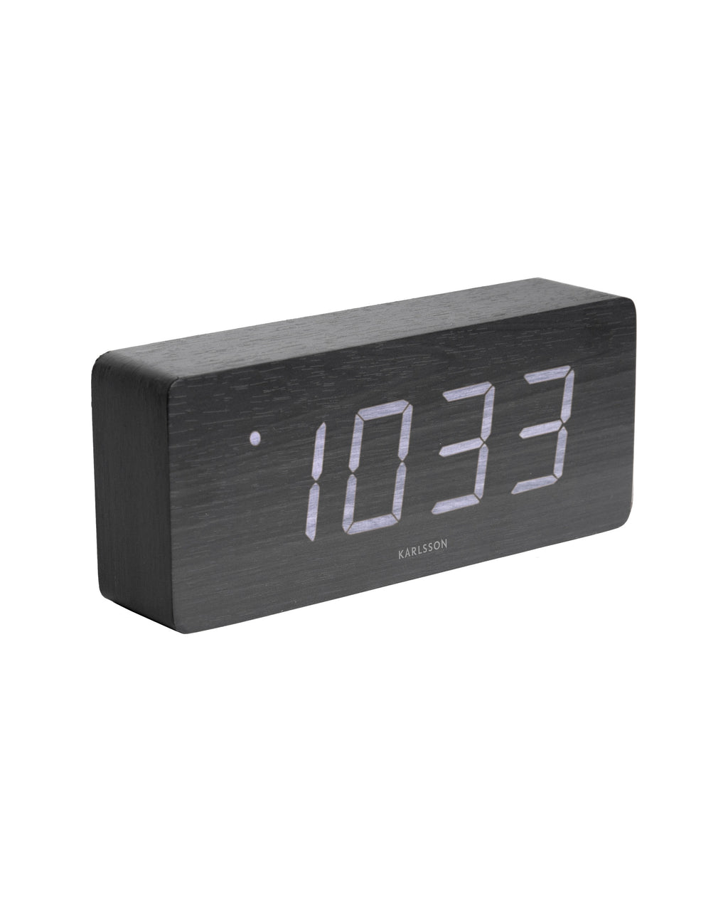 Karlsson wekker Tube, zwart houtfineer, witte led, schuin aanzicht