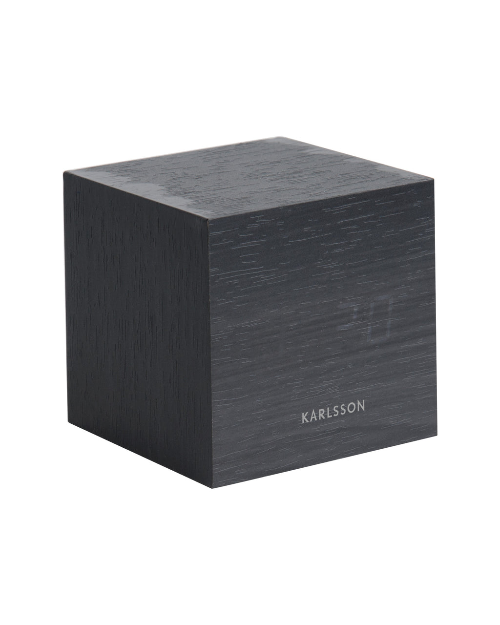 Karlsson wekker Mini Cube, zwart fineer, witte led, schuin aanzicht