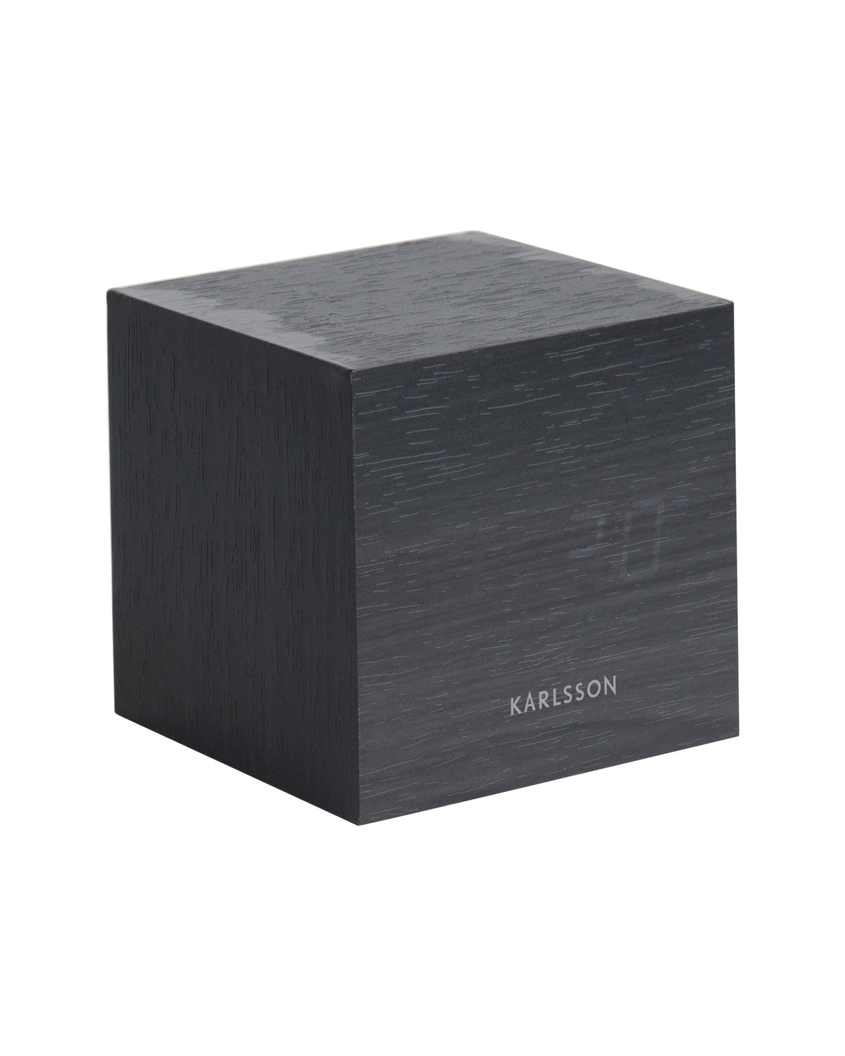 Karlsson wekker Mini Cube, zwart fineer, witte led, schuin aanzicht