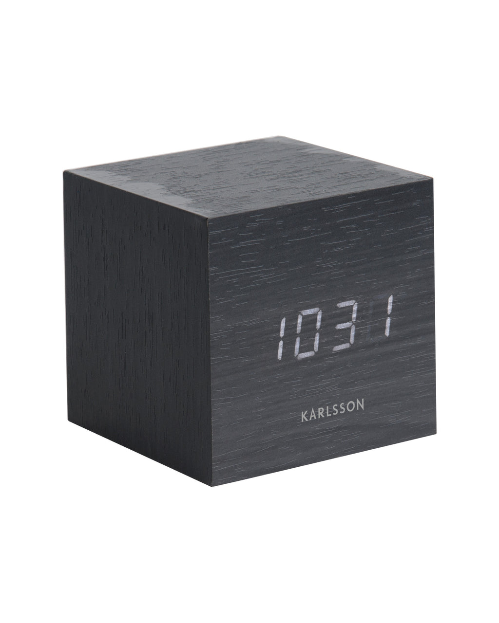 Karlsson wekker Mini Cube, zwart fineer, witte led, schuin vooraanzicht