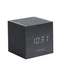 Karlsson wekker Mini Cube, zwart fineer, witte led, schuin vooraanzicht