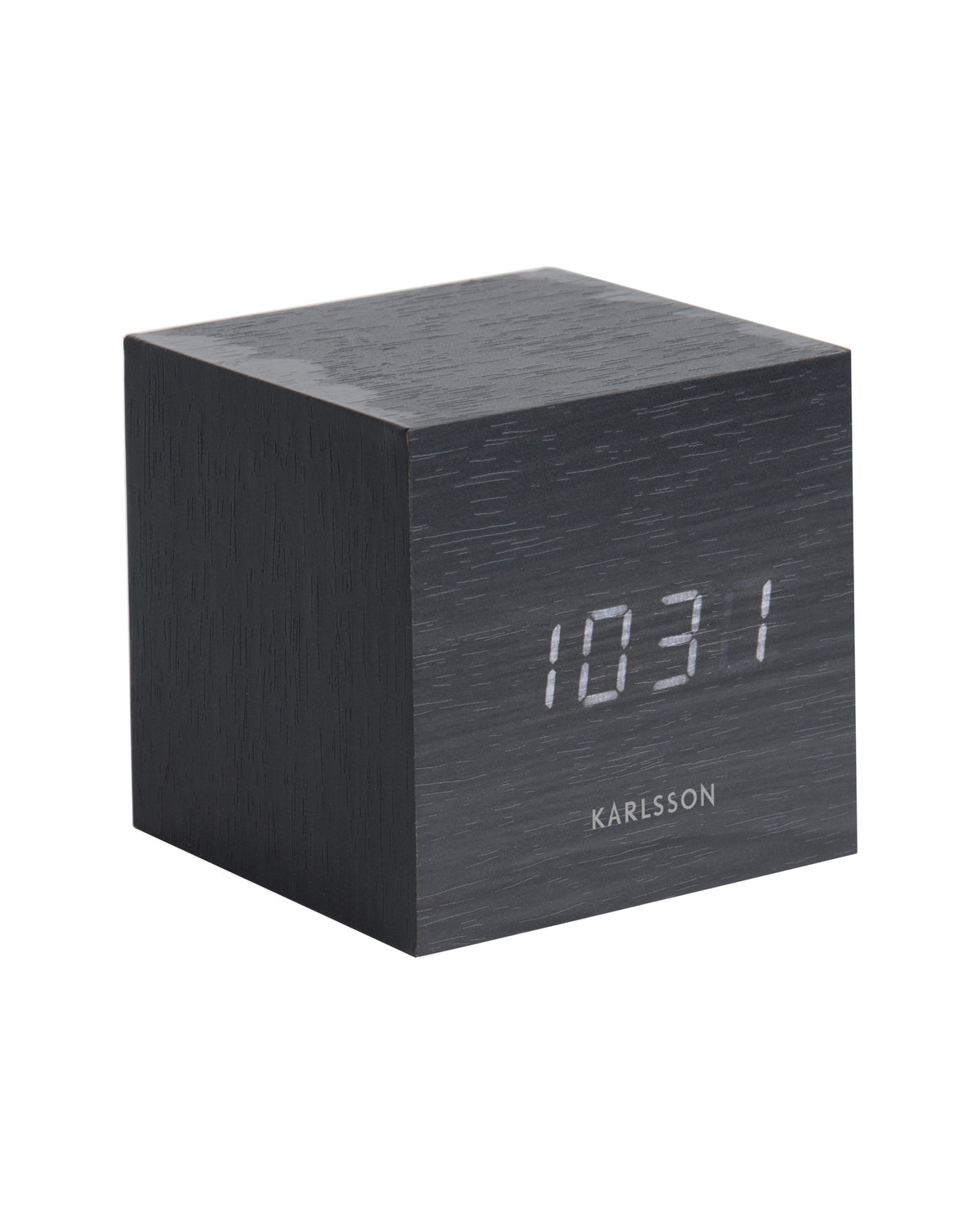 Karlsson wekker Mini Cube, zwart fineer, witte led, schuin vooraanzicht