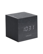 Karlsson wekker Mini Cube, zwart fineer, witte led, schuin vooraanzicht