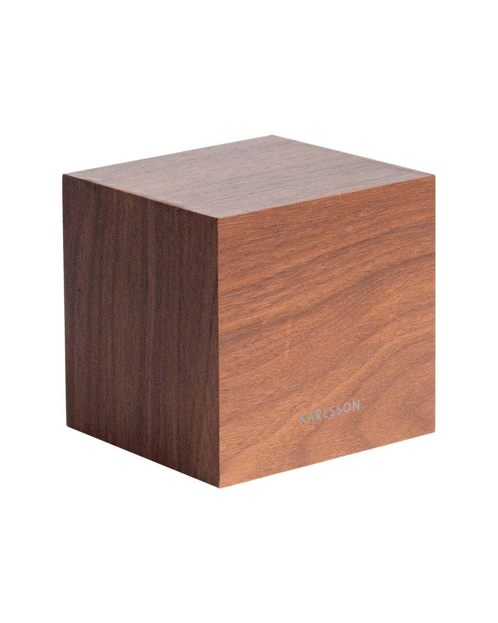 Karlsson wekker Mini Cube, donker houtfineer, witte led, schuin aanzicht