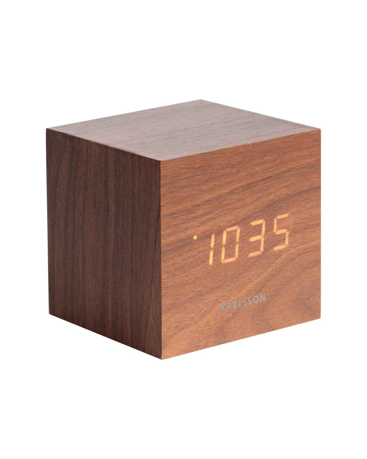 Karlsson wekker Mini Cube, donker houtfineer, witte led, schuin vooraanzicht