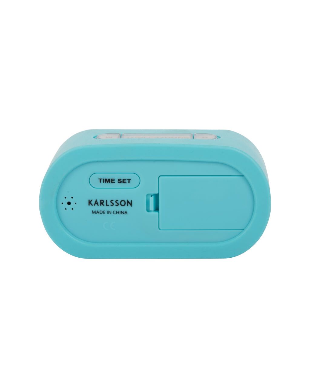 Karlsson wekker Gummy Rubberized, turquoise blauw, achterkant met knoppen en batterijvak