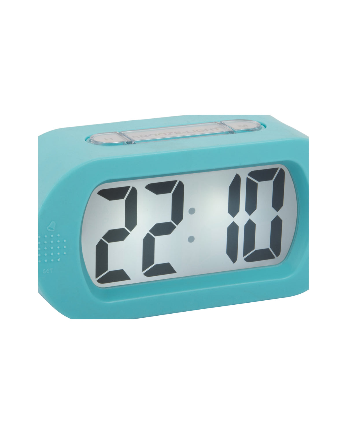 Karlsson wekker Gummy Rubberized, turquoise blauw, detail: display 22:10 en snooze/light-knop