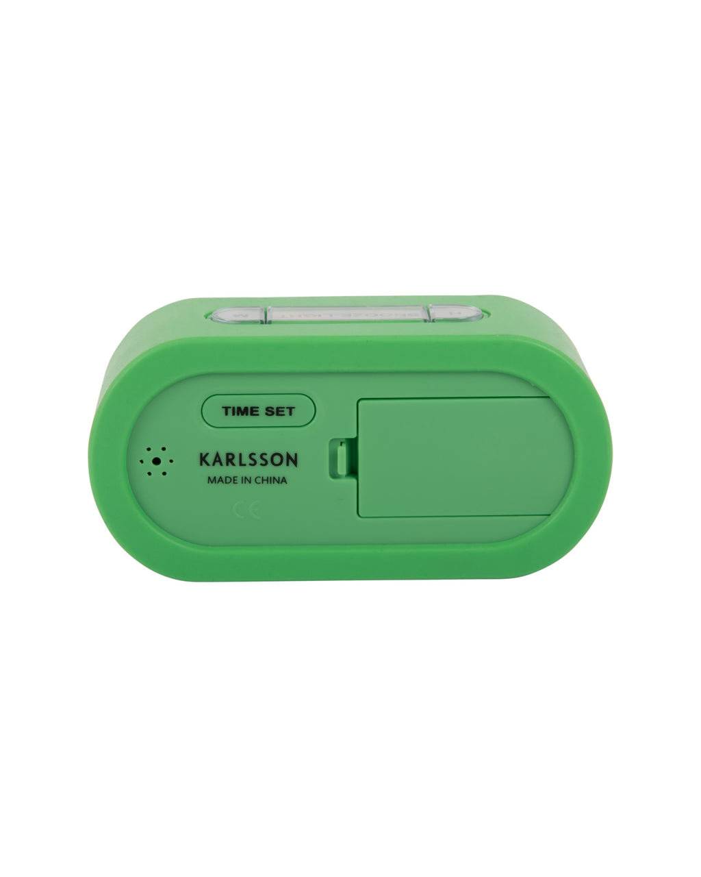 Karlsson wekker Gummy Rubberized, heldergroen, achterkant met knoppen en batterijvak