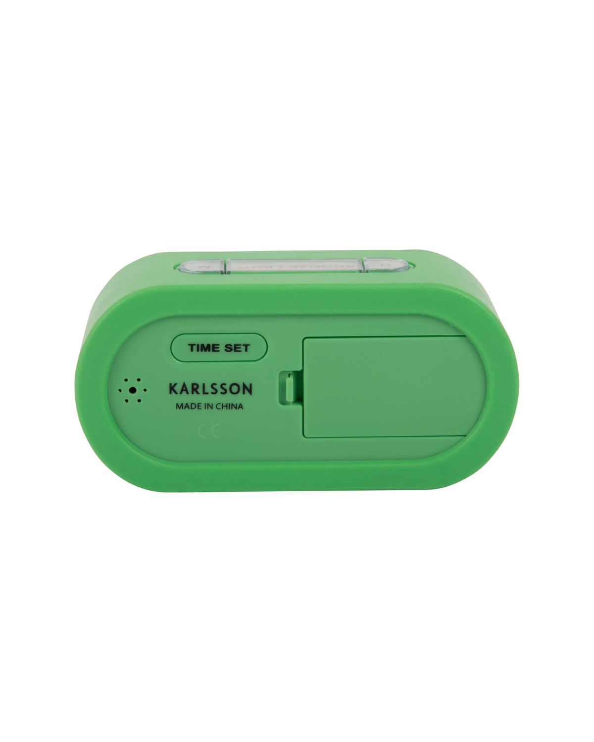 Karlsson wekker Gummy Rubberized, heldergroen, achterkant met knoppen en batterijvak