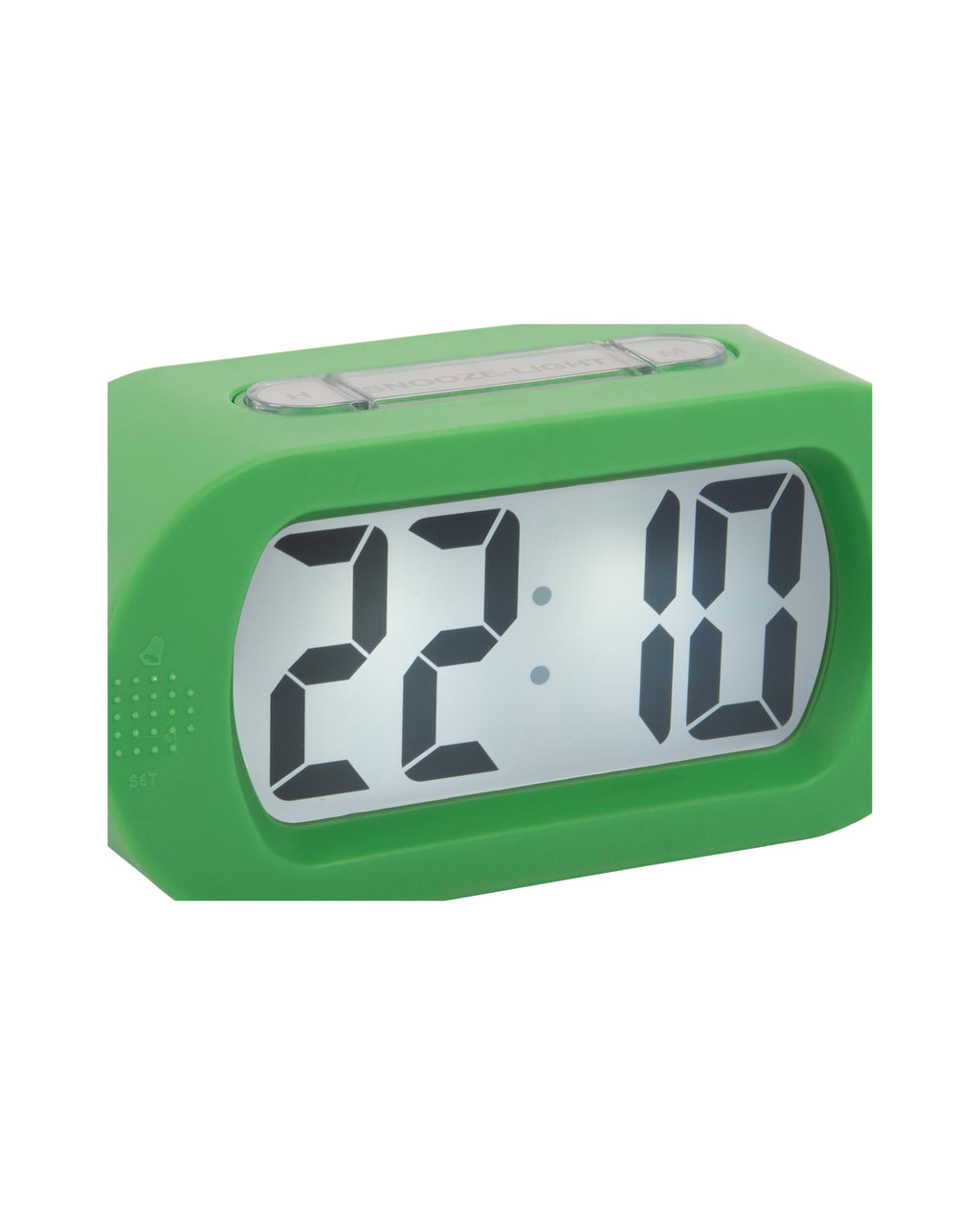 Karlsson wekker Gummy Rubberized, heldergroen, detail: display 22:10 en snooze/light-knop