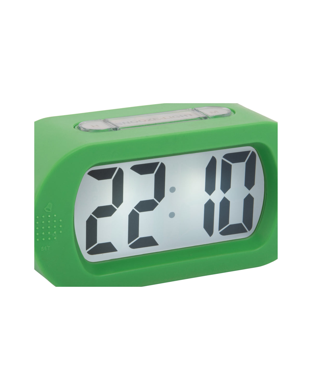 Karlsson wekker Gummy Rubberized, heldergroen, detail: display 22:10 en snooze/light-knop