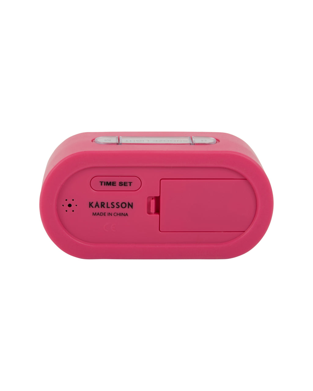 Karlsson wekker Gummy Rubberized, helderroze, achterkant met knoppen en batterijvak