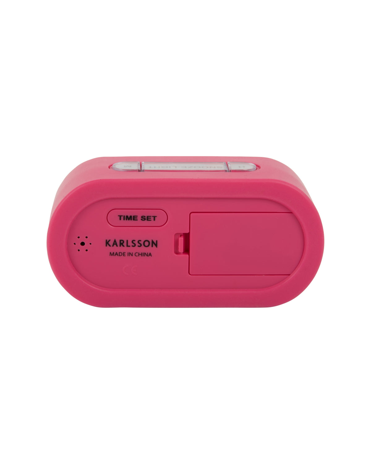 Karlsson wekker Gummy Rubberized, helderroze, achterkant met knoppen en batterijvak