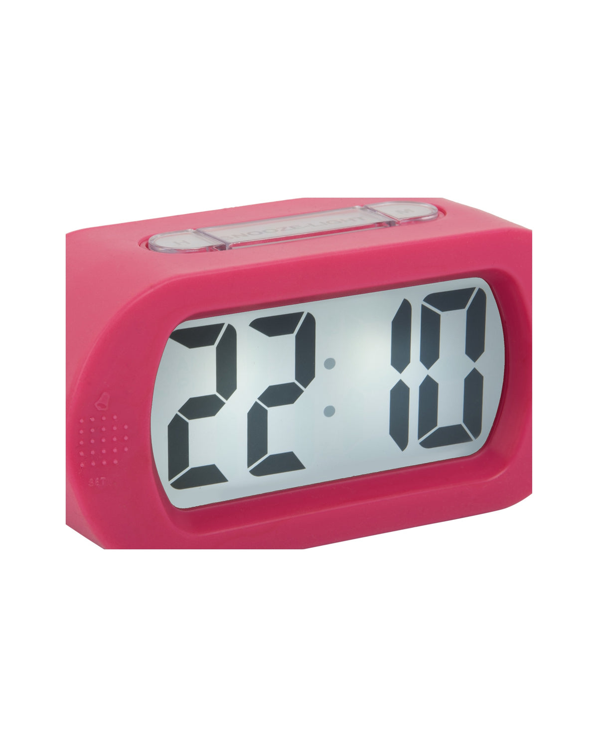 Karlsson wekker Gummy Rubberized, helderroze, detail: display 22:10 en snooze/light-knop