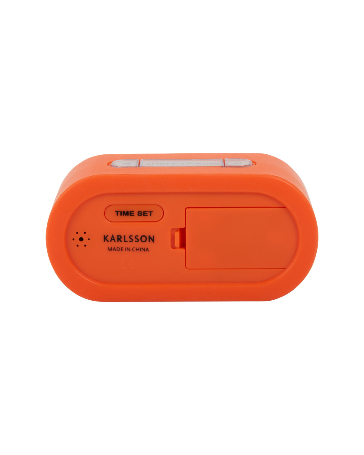Karlsson wekker Gummy Rubberized, helderoranje, achterkant met knoppen en batterijvak