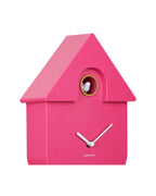 Karlsson koekoeksklok Modern Cuckoo, fel roze abs, detail: vogeltje in opening en witte wijzers