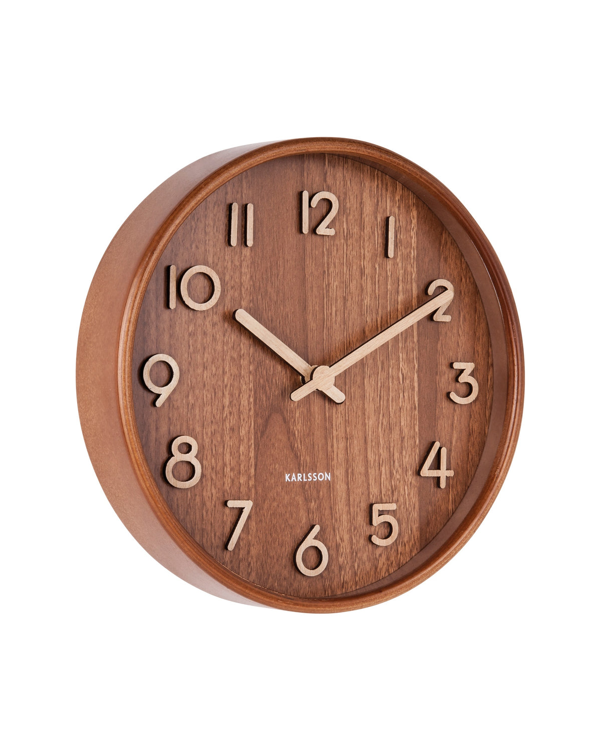Karlsson wandklok Pure Small, donker lindehout, schuin vooraanzicht