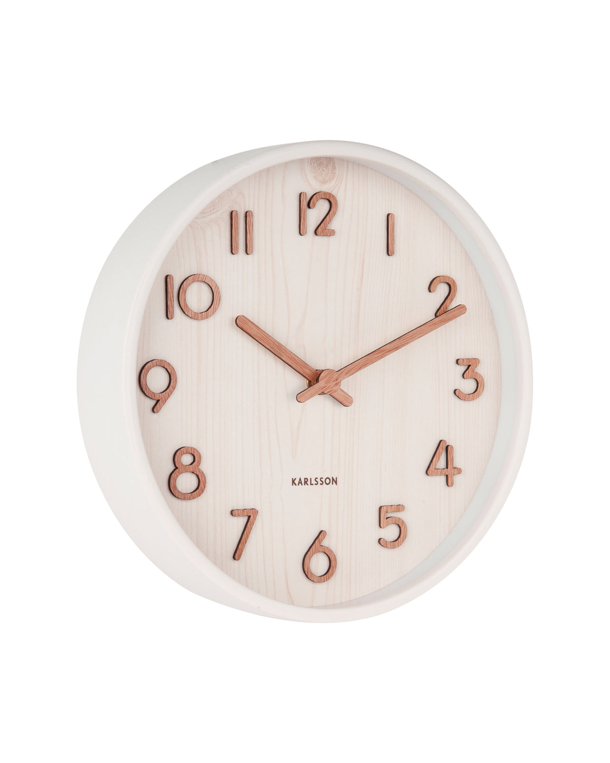 Karlsson wandklok Pure Small, wit lindehout, schuin vooraanzicht