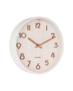 Karlsson wandklok Pure Small, wit lindehout, schuin vooraanzicht