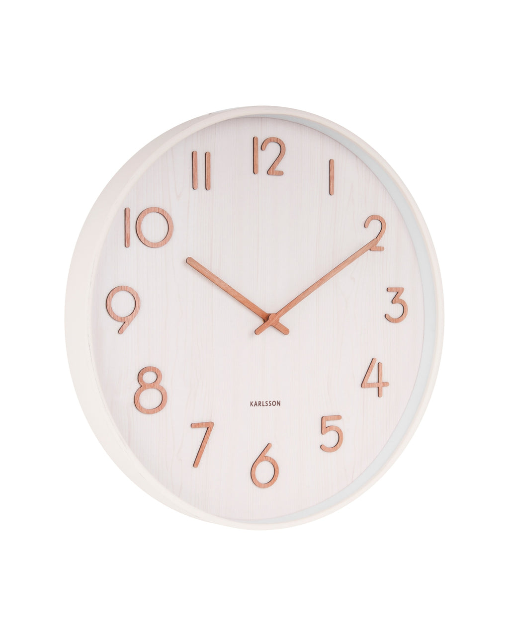 Karlsson wandklok Pure Medium, wit lindehout, schuin vooraanzicht