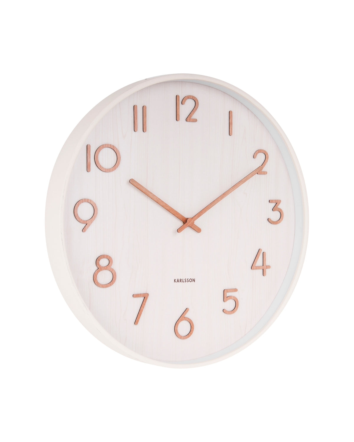Karlsson wandklok Pure Medium, wit lindehout, schuin vooraanzicht