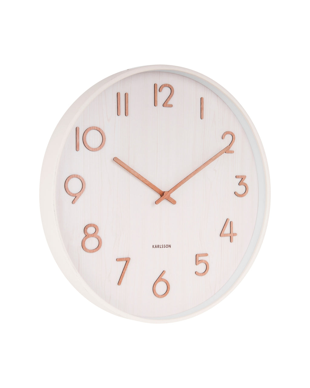Karlsson wandklok Pure Large, wit lindehout, schuin vooraanzicht