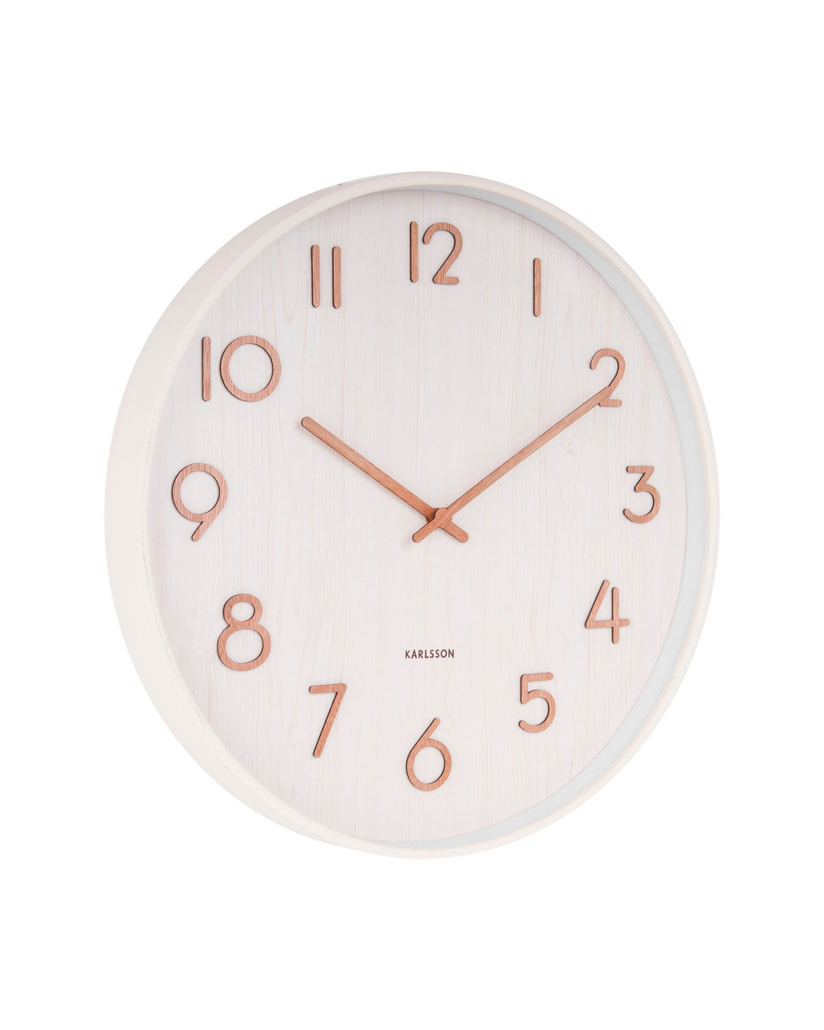 Karlsson wandklok Pure Large, wit lindehout, schuin vooraanzicht