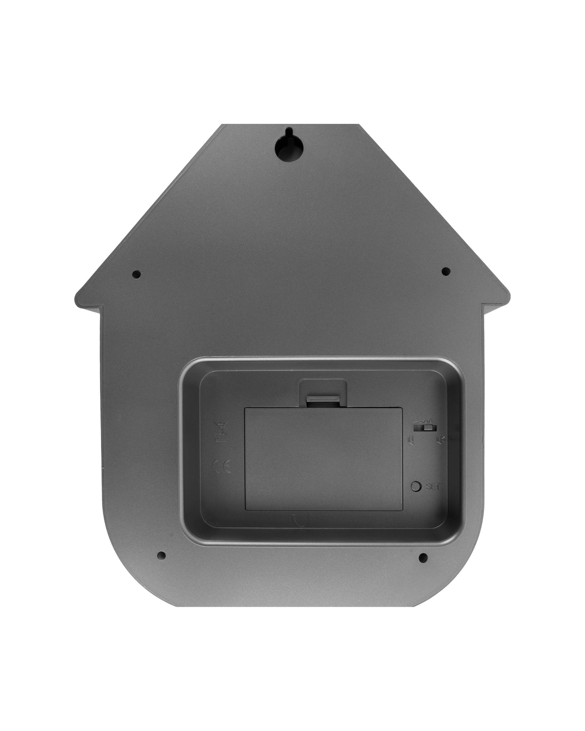 Karlsson koekoeksklok Modern Cuckoo, donkergrijs abs metallic, achterkant met batterijvak en ophangoog