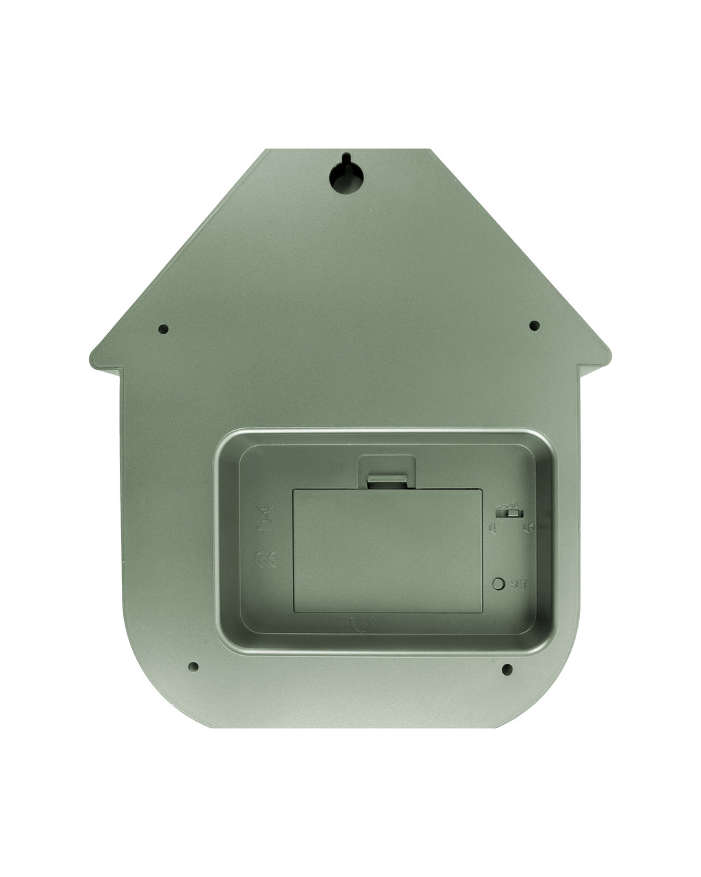 Karlsson koekoeksklok Modern Cuckoo, jungle groen abs metallic, achterkant met batterijvak en ophangoog