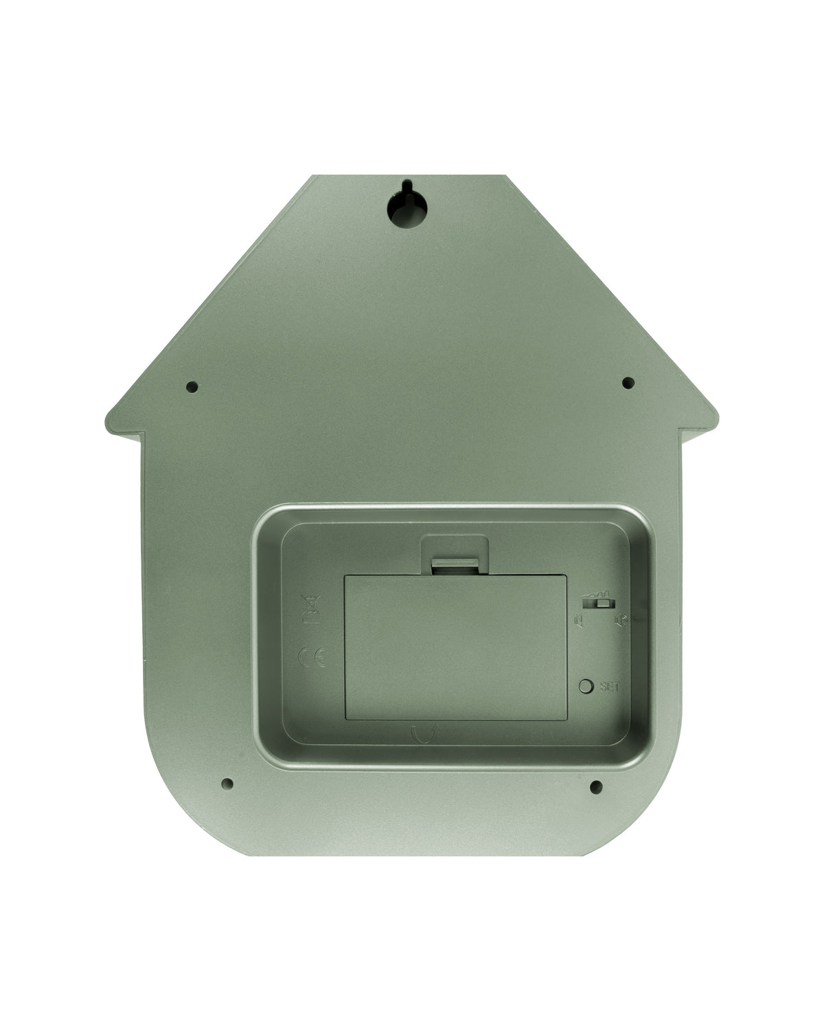 Karlsson koekoeksklok Modern Cuckoo, jungle groen abs metallic, achterkant met batterijvak en ophangoog