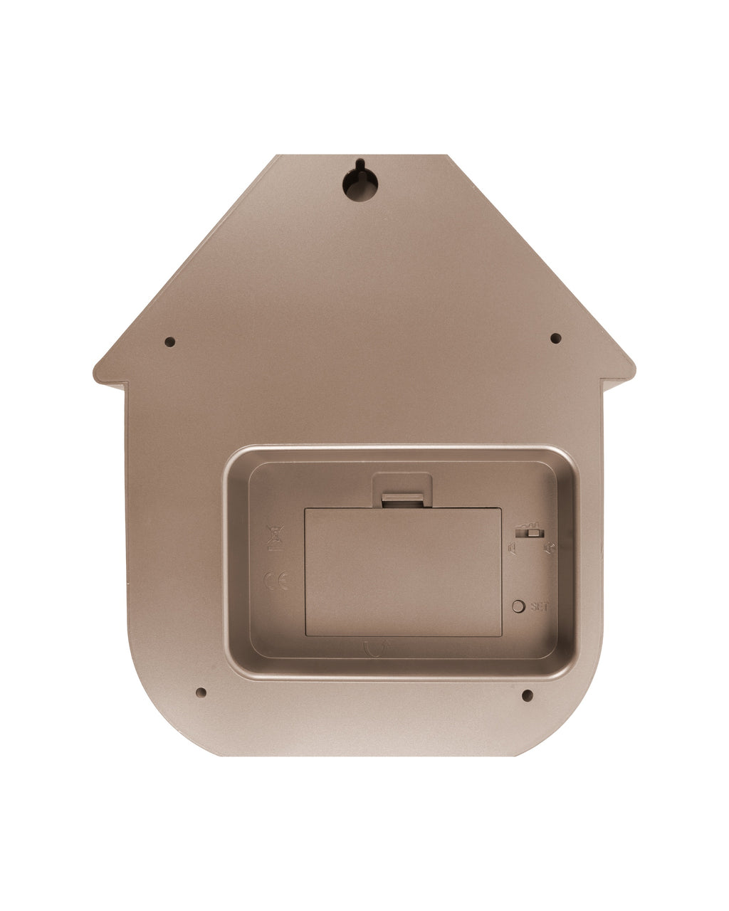Karlsson koekoeksklok Modern Cuckoo, rosé goud abs metallic, achterkant met batterijvak en ophangoog