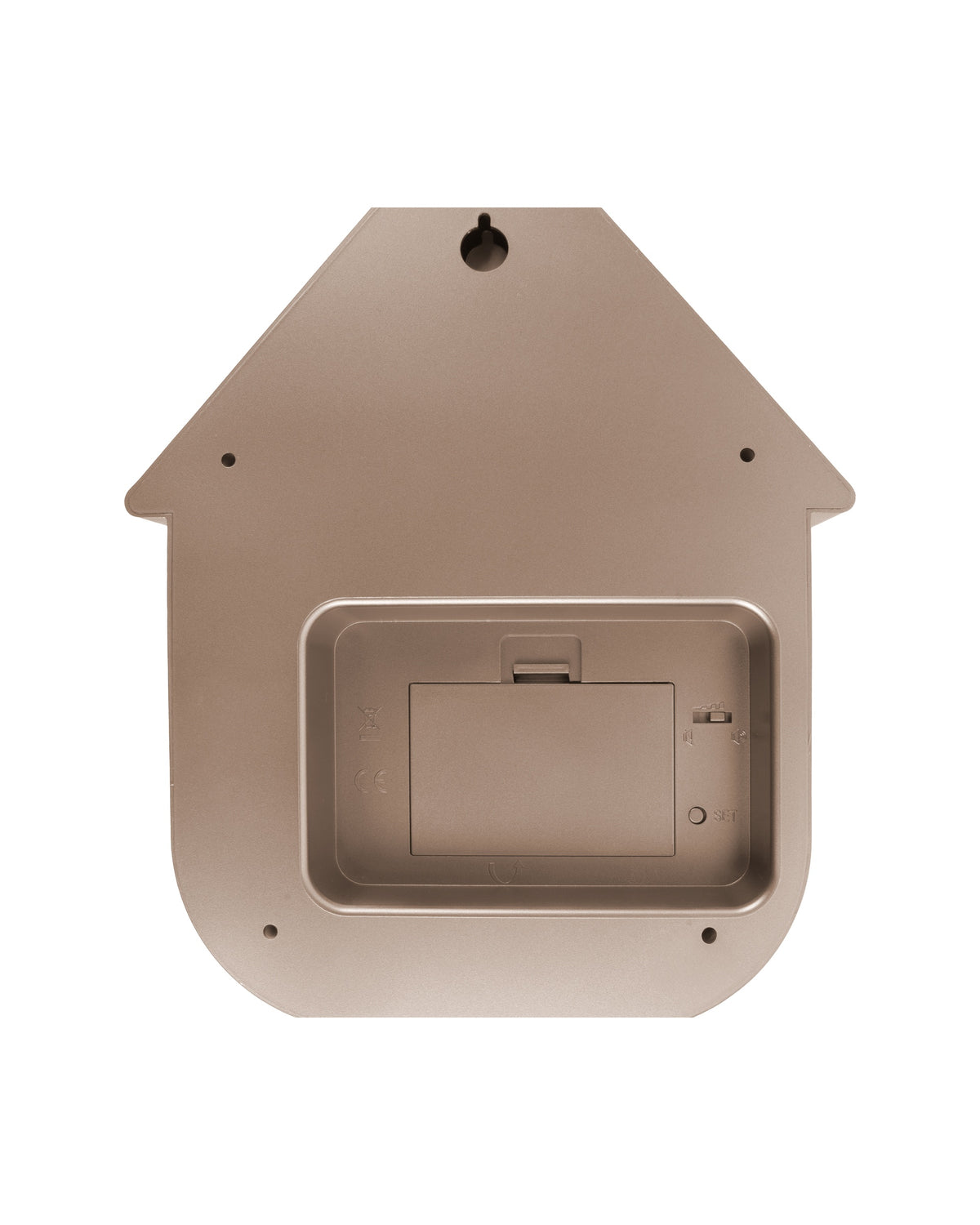 Karlsson koekoeksklok Modern Cuckoo, rosé goud abs metallic, achterkant met batterijvak en ophangoog