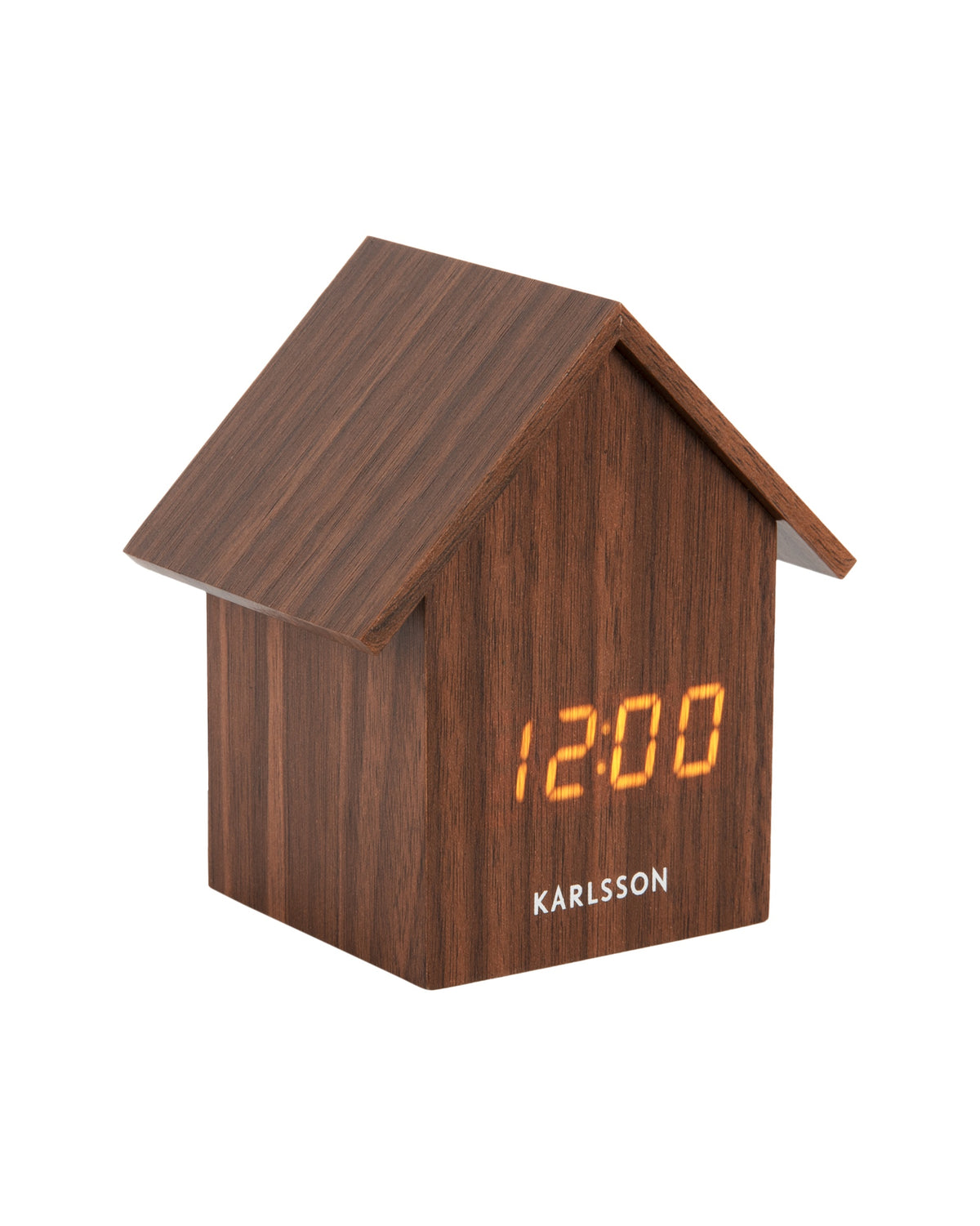 Karlsson wekker House Led, donker hout fineer, sfeerfoto: op marmeren bijzettafel naast zwarte rotan lamp