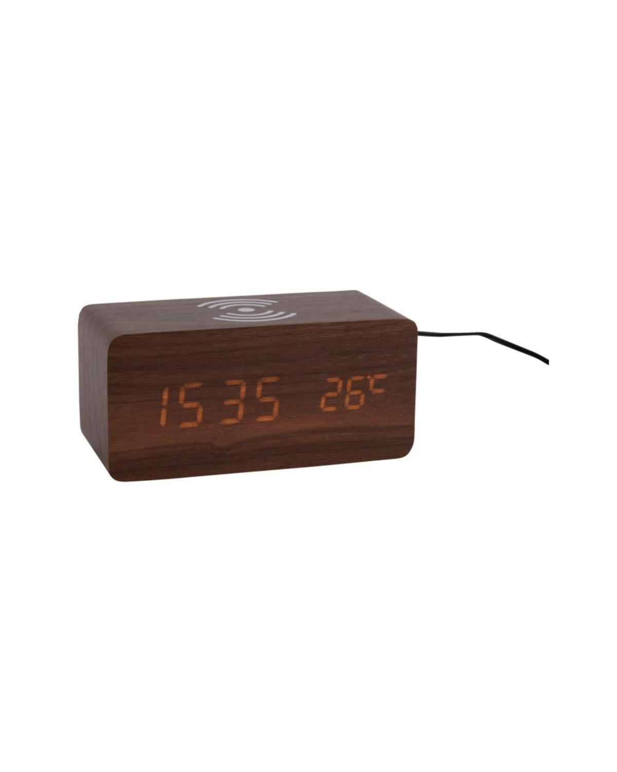 Karlsson wekker Block, donker hout fineer, witte led, draadloze oplader, schuin aanzicht