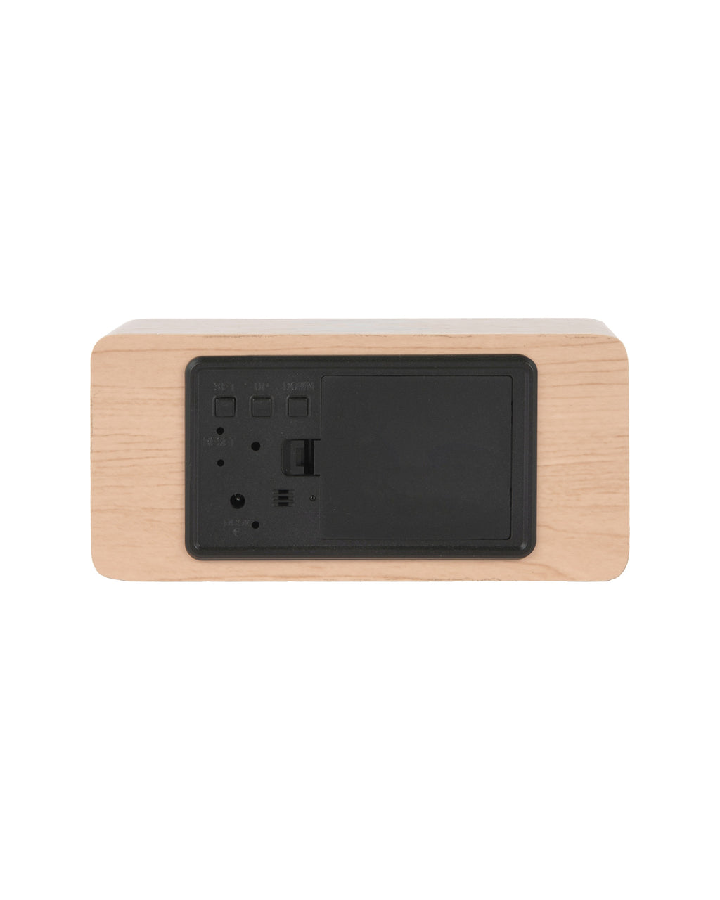 Karlsson wekker Block LED met draadloze oplader, licht hout fineer, achterkant met knoppen en batterijvak
